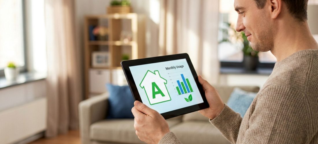 Un homme regarde une tablette affichant une icône de maison avec la lettre A, un graphique d'usage mensuel et une feuille verte.
