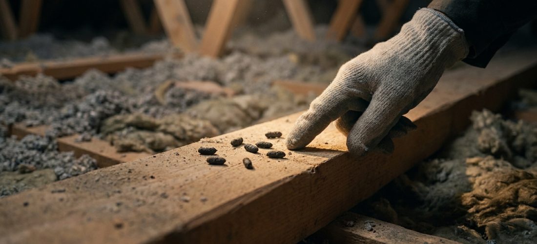 Une main gantée montre de petites crottes noires sur une poutre en bois dans des combles isolés.