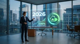Professionnelle interagissant avec un écran holographique affichant les tendances immobilières 2026, taux et DPE A.
