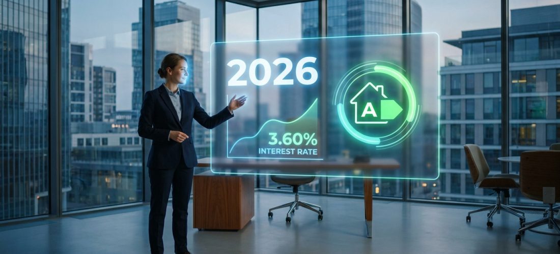 Professionnelle interagissant avec un écran holographique affichant les tendances immobilières 2026, taux et DPE A.