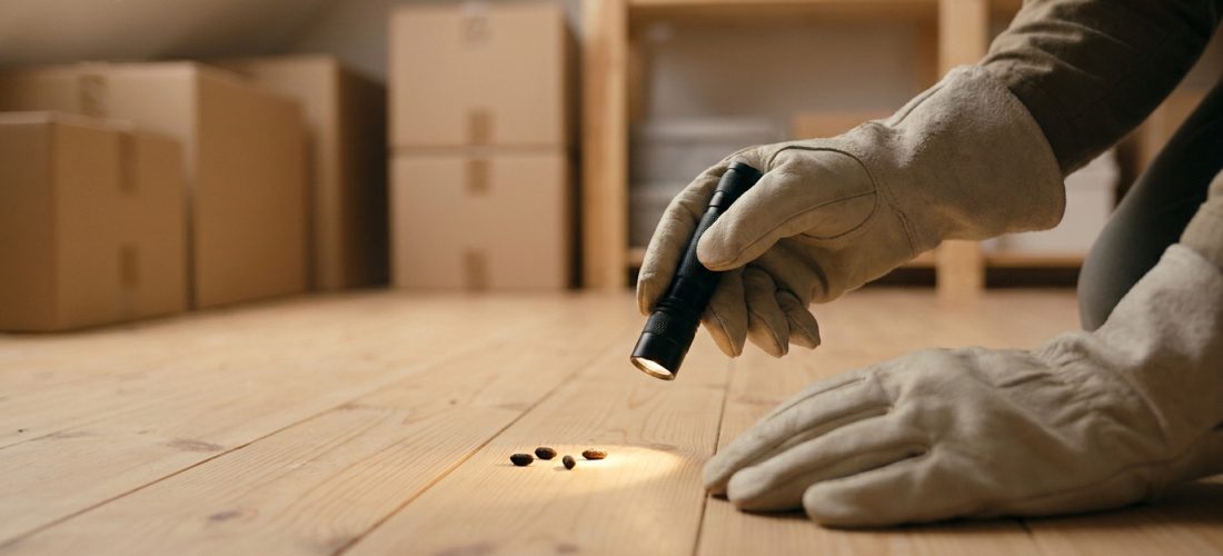 Personne gantée éclairant des crottes de loir sur un plancher en bois avec une lampe torche, dans un grenier encombré de cartons.