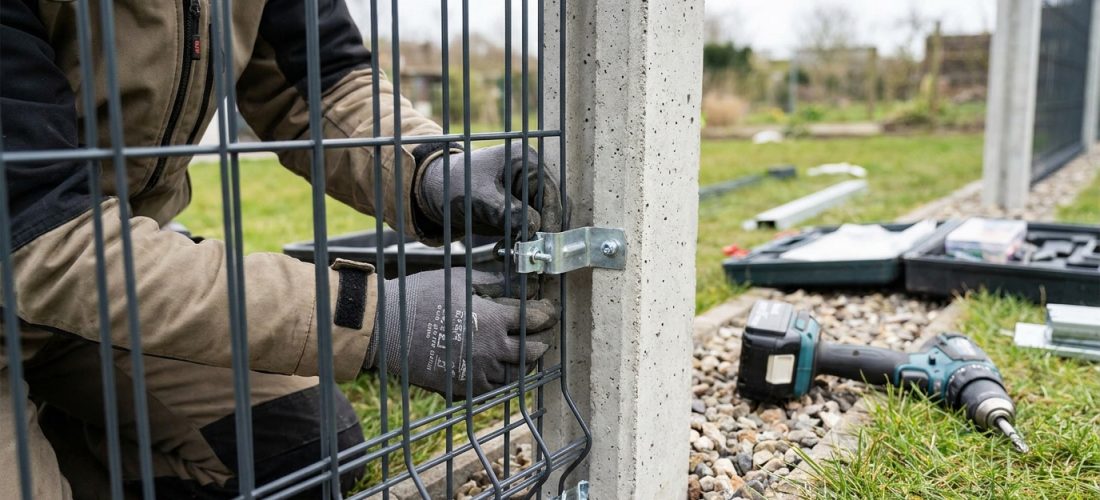 Une personne en gants de travail fixe un panneau de grillage rigide gris à un poteau en béton avec une attache métallique. Des outils sont au sol.