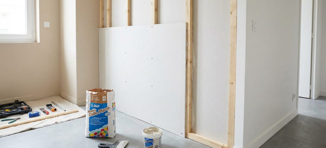 Vue d'une pièce en rénovation avec une cloison placo en cours de montage sur une structure bois. Sac de colle placo et outils au sol.