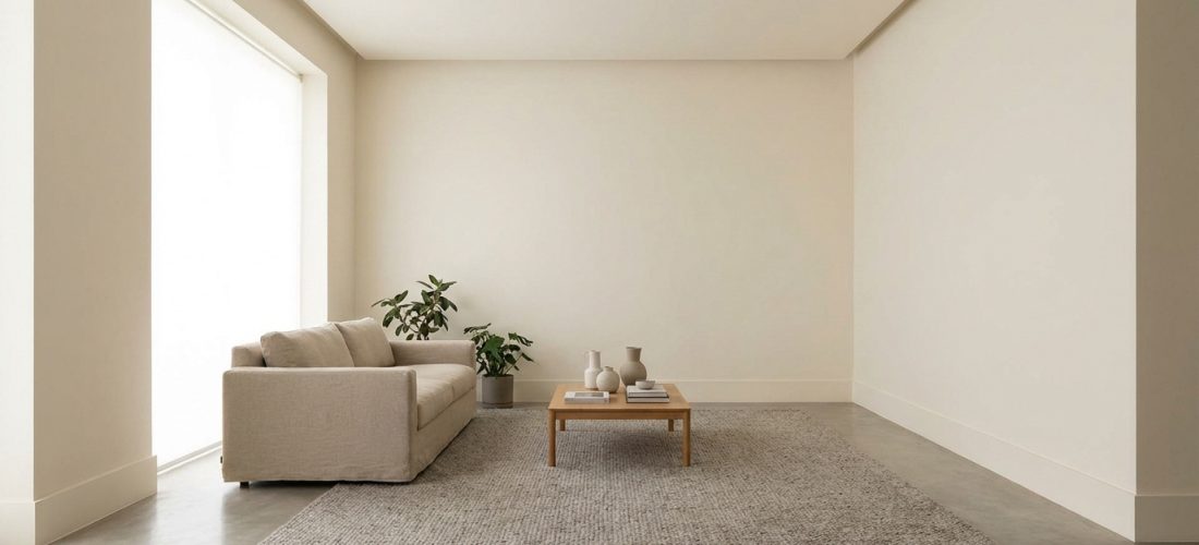 Un salon minimaliste avec des murs et plinthes beiges clairs. Un canapé, une table basse en bois, un tapis gris et une plante.