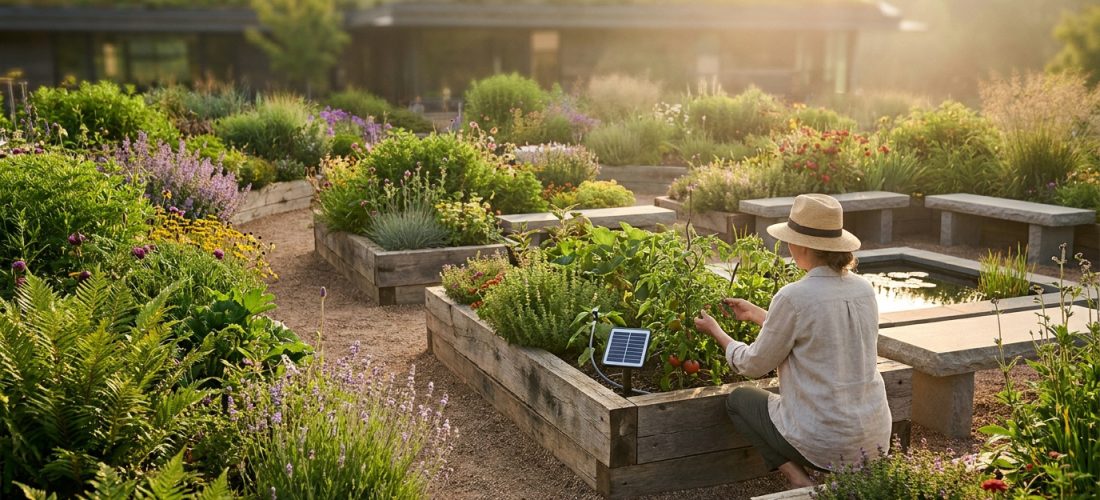 Femme au chapeau de paille récoltant des légumes dans un jardin durable avec des carrés potagers, une toiture végétale et un éclairage solaire.