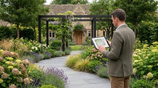 Homme consultant un plan de jardin sur tablette, sur un chemin pavé dans un jardin fleuri avec une maison en pierre.