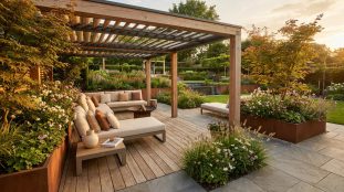 Magnifique jardin paysager avec pergola en bois, salon de jardin confortable, plantes luxuriantes et bassin d'eau.
