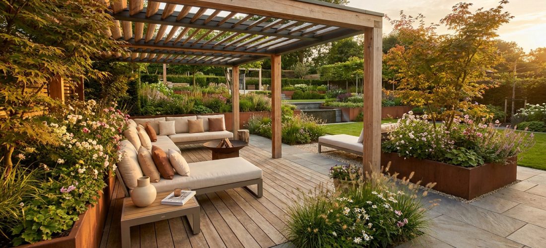 Magnifique jardin paysager avec pergola en bois, salon de jardin confortable, plantes luxuriantes et bassin d'eau.