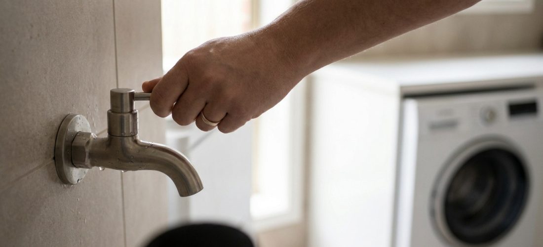 Gros plan sur une main manipulant un robinet mural en métal pour machine, avec des gouttes d'eau. Machine à laver floue en arrière-plan.