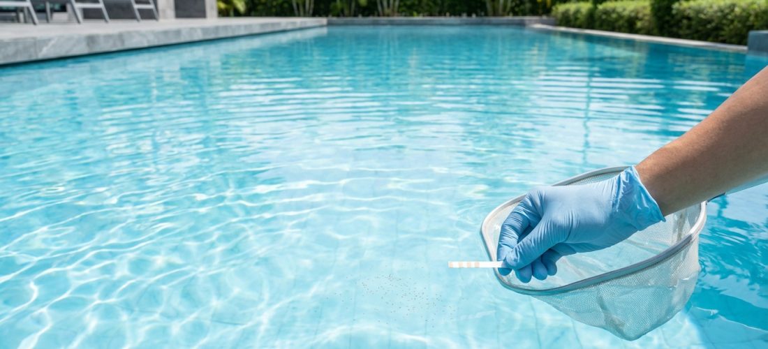 Une main gantée de bleu tient une bandelette de test et un filet au-dessus de l'eau claire d'une piscine, où flottent de minuscules larves.