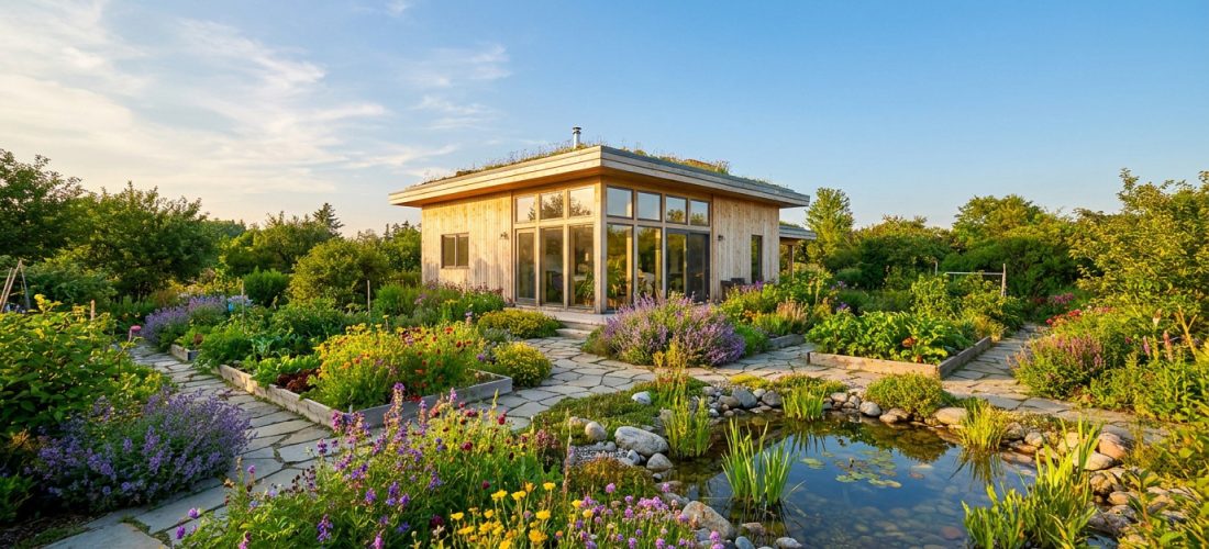 Maison en bois moderne avec toit végétalisé, entourée d'un vaste jardin fleuri, de plantations et d'un bassin naturel.