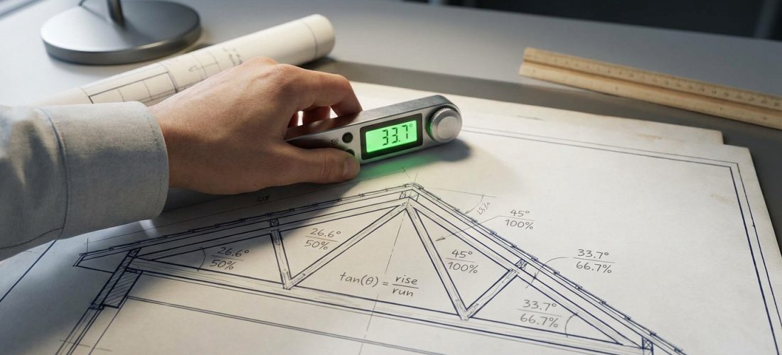 Une main utilisant un inclinomètre numérique sur un plan de toiture montrant une inclinaison de 33,7 degrés.