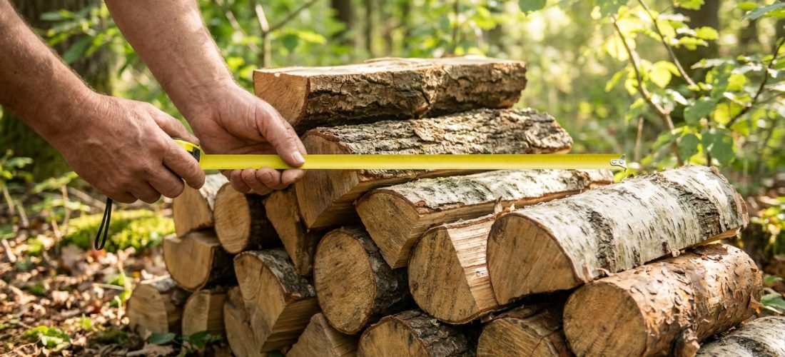 Mains mesurant une pile de bûches de bois avec un mètre ruban jaune dans une forêt.