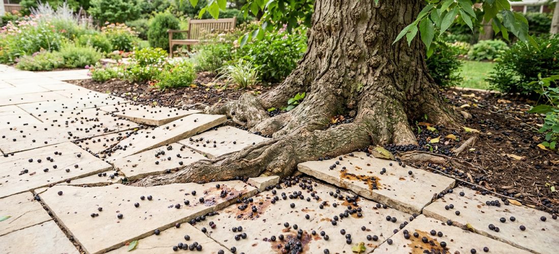 Chemin de jardin en dalles soulevées par les racines d'un grand arbre, couvert de baies noires écrasées et de taches.