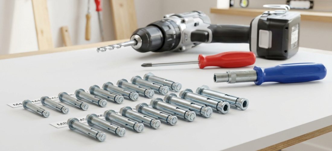 Vue rapprochée de chevilles Molly de tailles variées, une perceuse, un tournevis et une pince à expansion sur une table.