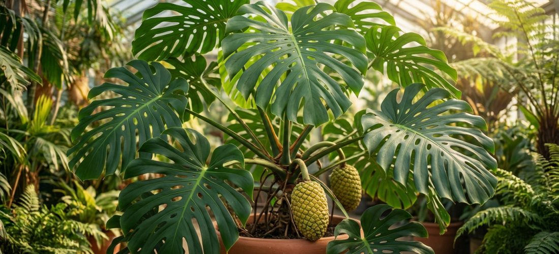 Monstera deliciosa adulte avec de grandes feuilles découpées et deux fruits jaunes mûrs dans une serre lumineuse.