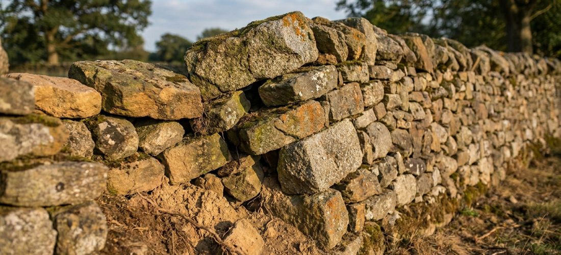Mur de pierres sèches ancien et penché, avec des pierres déplacées et de la mousse, au bord d'un champ avec des arbres flous en arrière-plan.