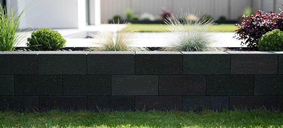 mur en blocs terrasto anthracite dans un jardin co
