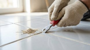 Gros plan sur des mains gantées utilisant un outil pour retirer un joint de carrelage sec, laissant des débris sur les carreaux clairs.