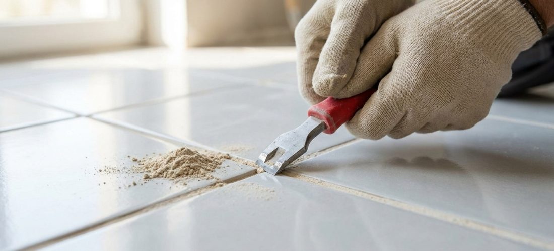 Gros plan sur des mains gantées utilisant un outil pour retirer un joint de carrelage sec, laissant des débris sur les carreaux clairs.