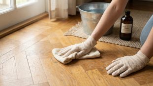 Gros plan sur une personne gantée nettoyant un parquet ancien en bois avec un chiffon et un produit doux, un seau d'eau à côté.