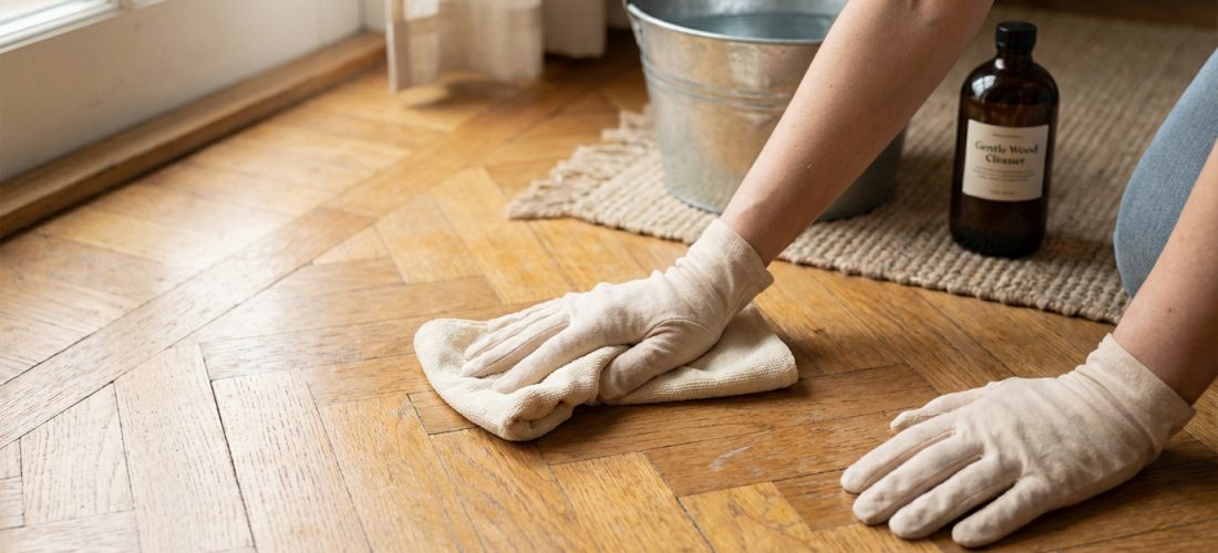 Gros plan sur une personne gantée nettoyant un parquet ancien en bois avec un chiffon et un produit doux, un seau d'eau à côté.