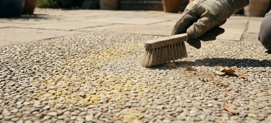 Une main gantée brosse une surface de moquette de pierre, retirant des saletés et feuilles. Le sol est composé de petits graviers liés.