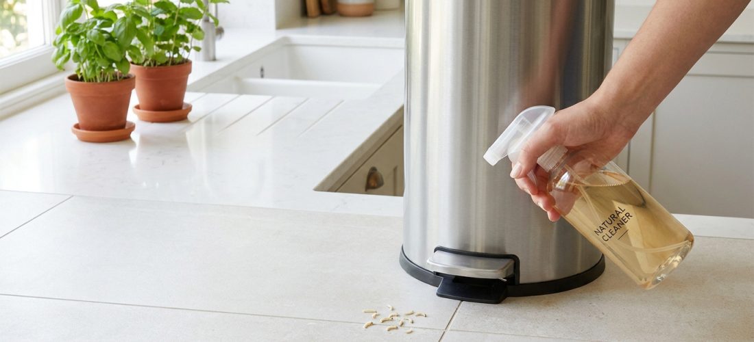 Main pulvérisant un nettoyant naturel sur des asticots à côté d'une poubelle en acier inoxydable dans une cuisine moderne.