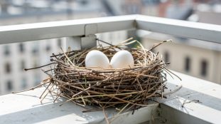 nid de pigeon install sur un balcon avec deux ufs