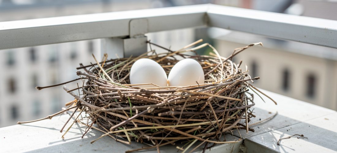 nid de pigeon install sur un balcon avec deux ufs