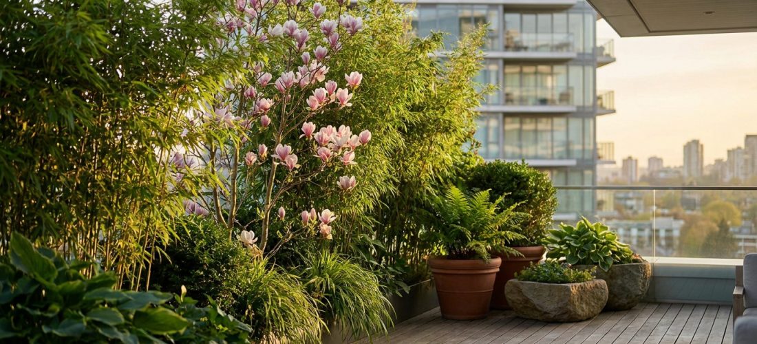 Balcon en bois avec brise-vue végétal luxuriant : bambou, magnolia en fleurs roses, fougères en pots. Vue urbaine en arrière-plan.
