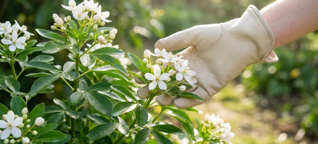 Main gantée touchant délicatement les fleurs blanches de l'oranger du Mexique (Choisya ternata) sous un soleil doux.
