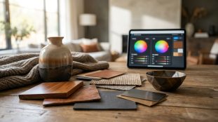 Table en bois avec échantillons de matériaux (bois, cuir, tissu), vase, plaid et tablette affichant des roues chromatiques.