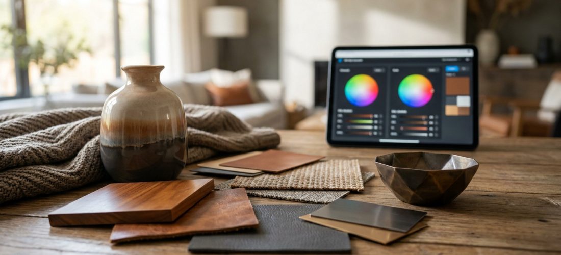 Table en bois avec échantillons de matériaux (bois, cuir, tissu), vase, plaid et tablette affichant des roues chromatiques.