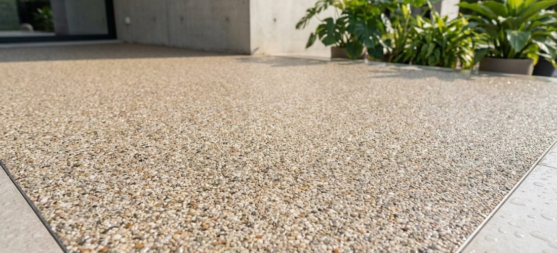 Revêtement de sol extérieur perméable Hydrostar en granulats de pierre. Un bâtiment moderne et des plantes en pots en arrière-plan.