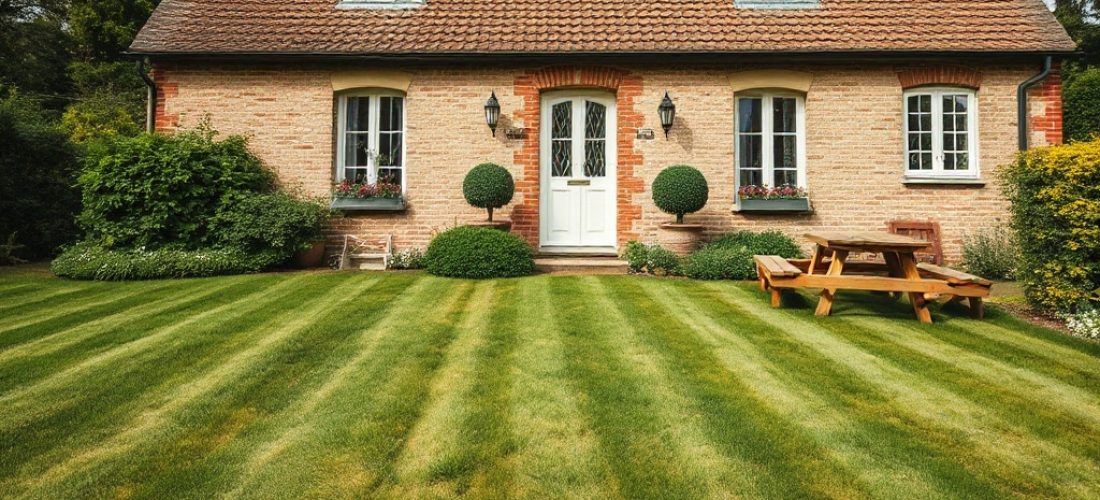 pelouse de gazon anglais parfaitement tondue avec