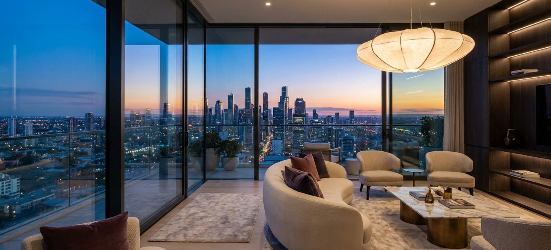 Salon moderne de penthouse avec vue imprenable sur la ville au coucher du soleil. Mobilier design et ambiance luxueuse.