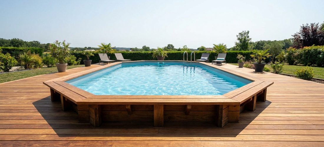 Piscine octogonale hors-sol avec liner bleu, intégrée à une large terrasse en bois clair. Transats, plantes et verdure sous un ciel ensoleillé.