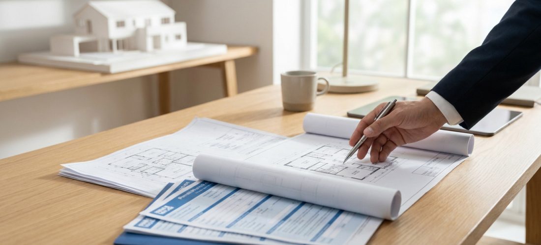 Main d'un professionnel examinant des plans de maison et des formulaires de permis de construire sur un bureau en bois, avec une maquette de maison en arrière-plan.