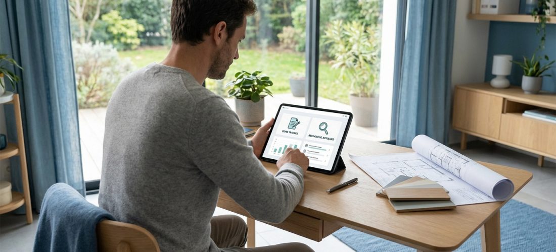 Homme de dos utilisant une tablette affichant une interface pour devis travaux et recherche d'artisans. Plans sur le bureau.