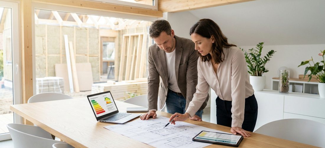 Un couple ou des architectes examinent des plans de maison et des indicateurs d'efficacité énergétique sur un ordinateur et une tablette, avec une construction en arrière-plan.