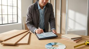 Homme planifiant un projet de rénovation sur tablette avec stylet, des échantillons de matériaux et un nuancier de couleurs sur la table.