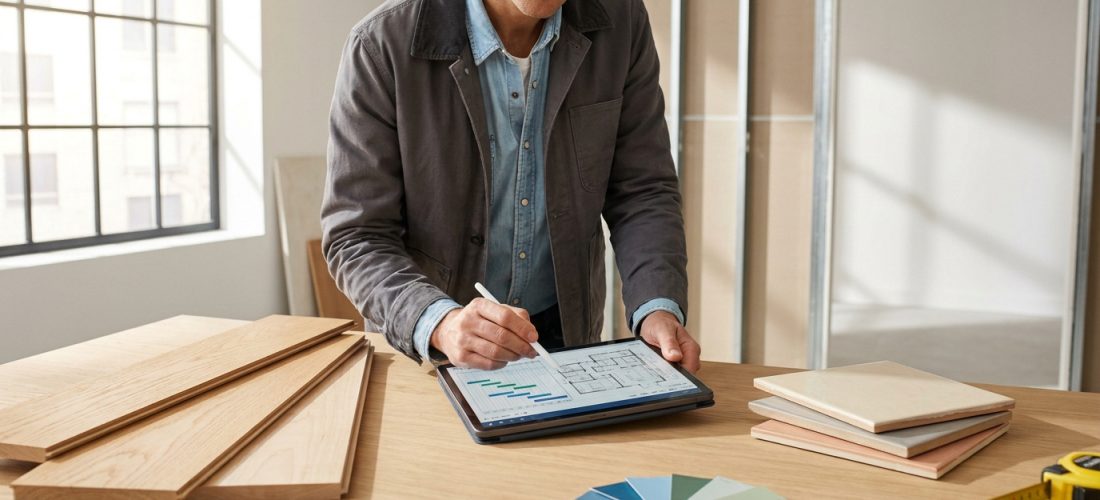 Homme planifiant un projet de rénovation sur tablette avec stylet, des échantillons de matériaux et un nuancier de couleurs sur la table.