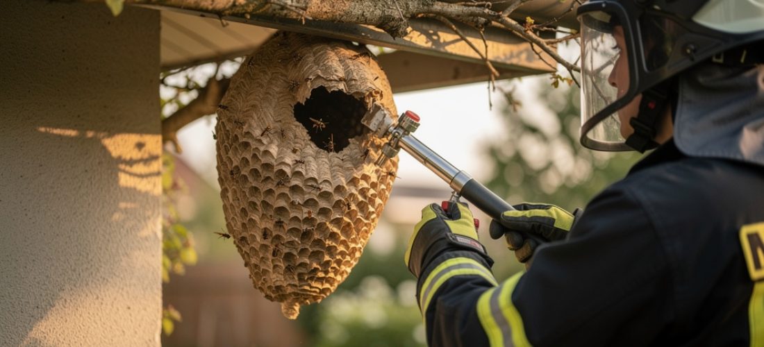 pompier en combinaison retirant un nid de frelons