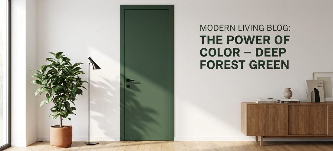 Une porte intérieure vert forêt dans un mur blanc, avec une plante verte, une lampe sur pied et un buffet en bois clair.