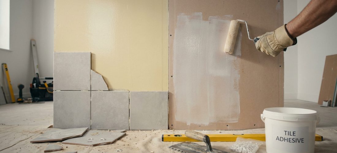 Vue rapprochée d'un mur en rénovation. Une partie est jaune avec des carreaux gris posés; une main peint l'autre partie en blanc. Outils au sol.