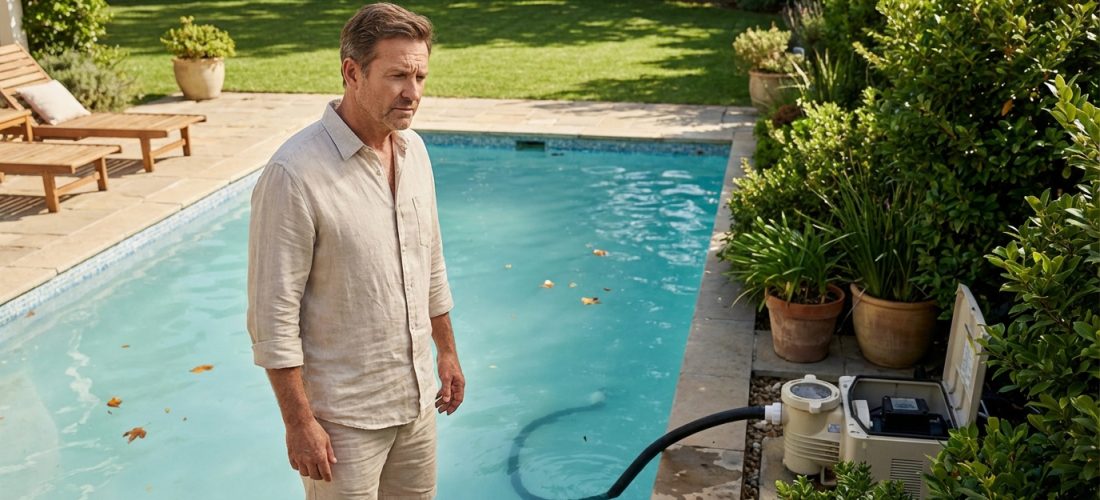Homme préoccupé devant une piscine à l'eau trouble et une pompe de filtration ouverte. Jardin ensoleillé en arrière-plan.