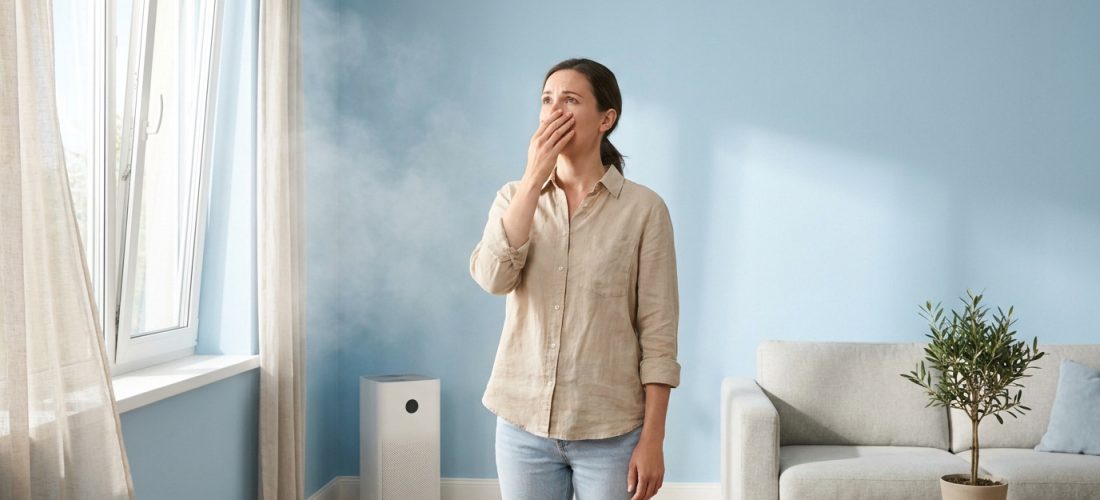 Une femme se couvre le nez, incommodée par une odeur dans une pièce avec fenêtre ouverte et purificateur d'air.