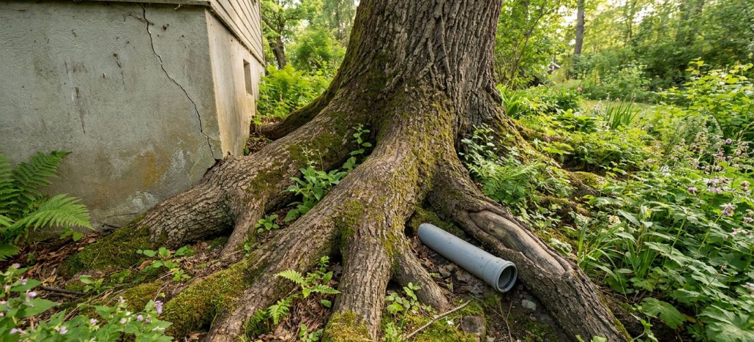 Racines d'un grand arbre poussant contre une fondation de maison fissurée, avec un tuyau gris et de la verdure luxuriante.