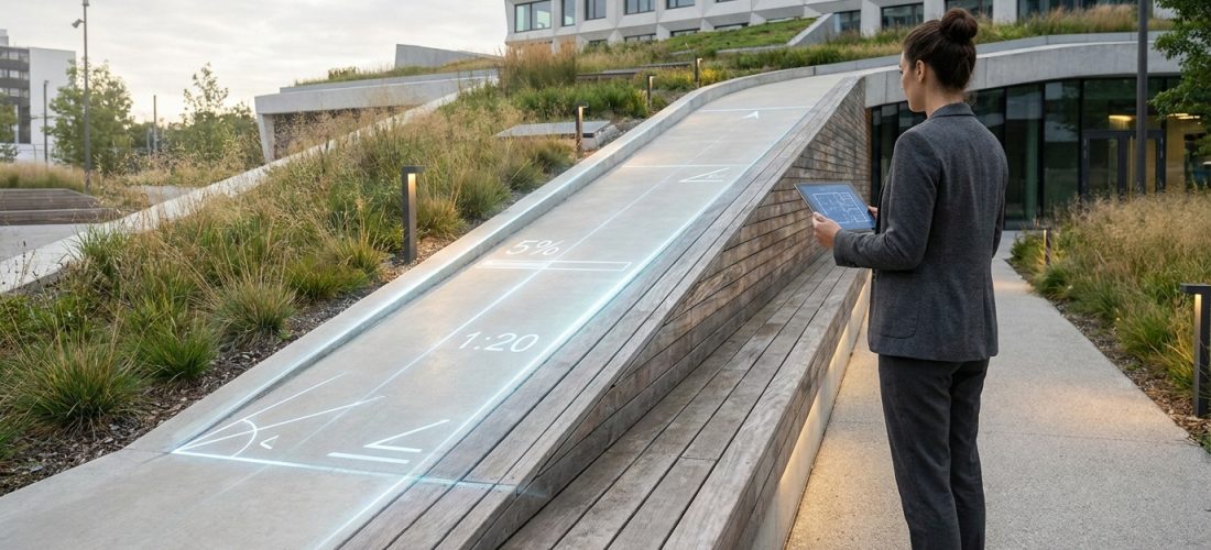 Une architecte observe une rampe extérieure avec des mesures holographiques affichant 5 % et 1:20.